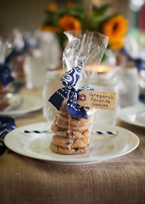 tasty chocolate chip cookies in a pack with a tag to symbolize the groom's faves