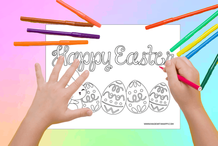 Kids coloring a Happy Easter printable