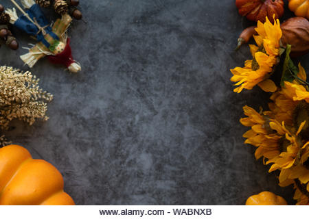 Thanksgiving background with pumpkins, flowers and scarecrow on a grey cement background. - Stock Image