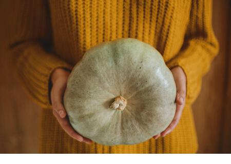 Female in yellow knitted sweater holding green pumpkin on rustic wooden background. Hello Autumn and Happy Thanksgiving, celebrating autumn holidays a - Stock Image