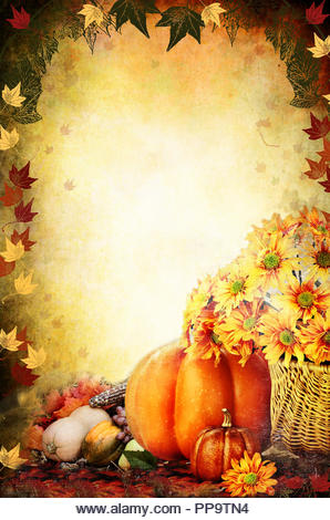 Photo based illustration of a Thanksgiving Day background with a basket of flowers, pumpkins, fruits and vegetables. Free copy space for text. - Stock Image