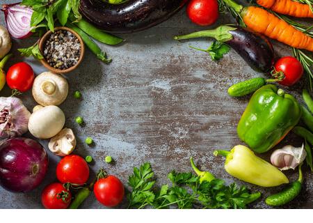 Organic food background. Assorted raw organic vegetables, healthy food. Top view flat lay. Free space for your text. - Stock Image