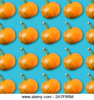 Geometric arrangement of orange pumpkins on turquoise background, colorful vegetable texture, vegan food pattern, autumn Halloween background - Stock Image