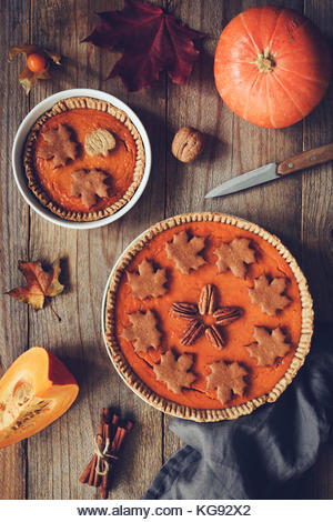 Homemade Pumpkin pie for Thanksgiving dinner on wooden table. Top view. Autumn food, Thanksgiving day food. Vertical, - Stock Image