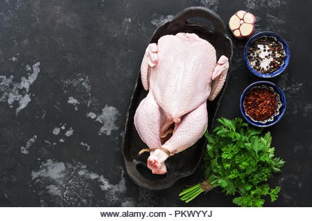 A whole raw chicken with spices on a dark rustic background.Flat lay of the copy space. - Stock Image