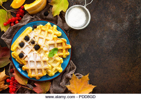 Breakfast table with pumpkin waffles and fresh blackberries on a stone or slate background. Top view flat lay background. Copy space. - Stock Image