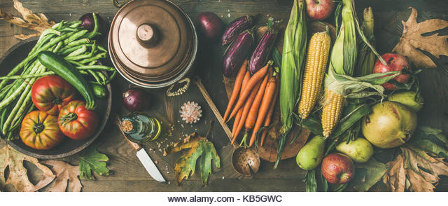 Fall healthy cooking background, wide composition - Stock Image