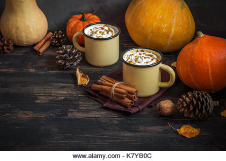 Hot Chocolate with Pumpkin Pie Spices over dark wooden background with copy space. Autumn still life. Thaksgiving and Autumn concept. - Stock Image
