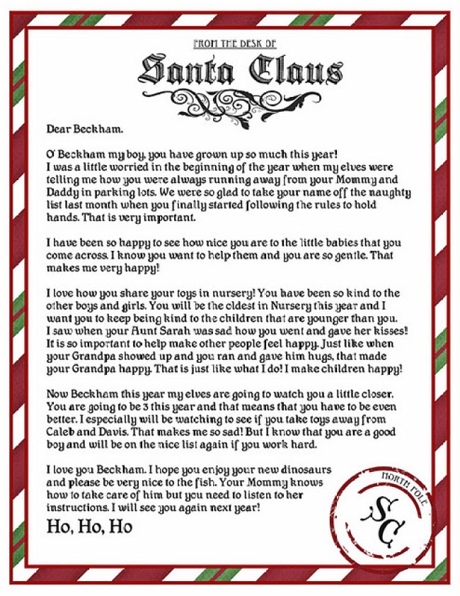 Example Letter to a child from Santa.