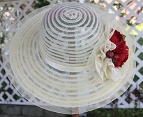 Ivory mesh Ideal hat with red flowers, berries, and ivory lace.