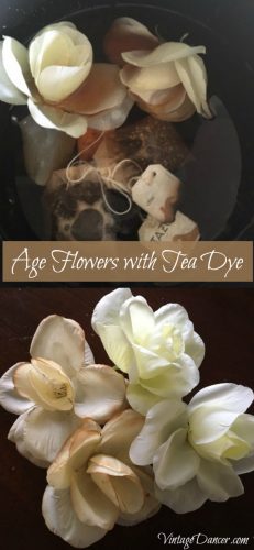Dye cheap flowers with black tea for an aged or antique look. DIY Tea Party Hat tip at VintageDancer.com