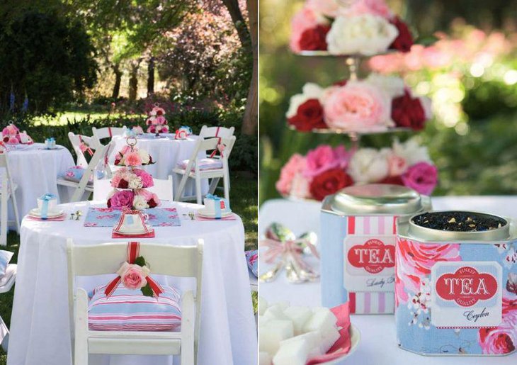 Alluring tea party three tiered floral centerpiece decor along with tea tins