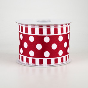 2.5" Dots & Stripes Satin Ribbon: Crimson Red & White (10 Yards)