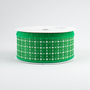 1.5" Stitched Squares Ribbon: Emerald & White (10 Yards)