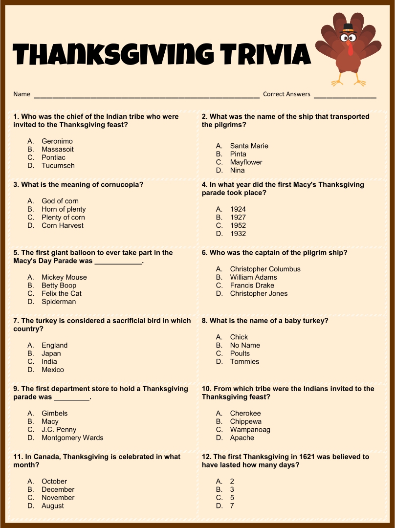 Free Printable Thanksgiving Trivia Printable Templates by Nora