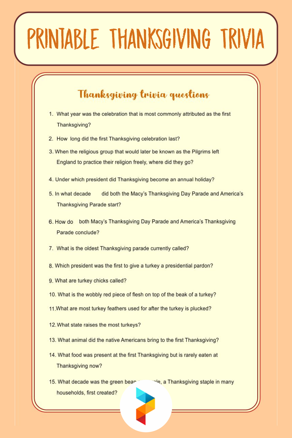 Printable Thanksgiving Trivia