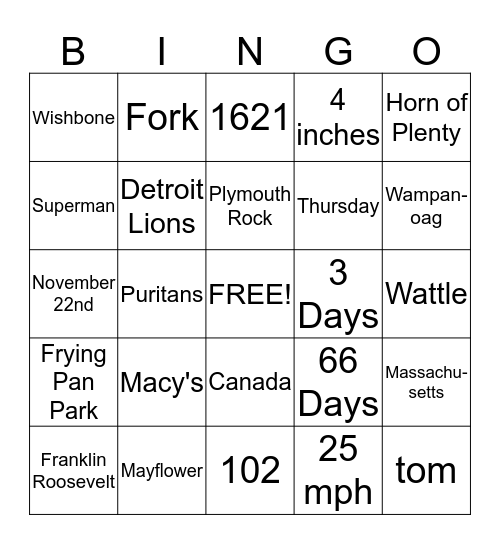Thanksgiving Trivia Bingo Card