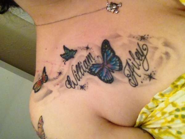 butterfly tattoos on shoulder with names