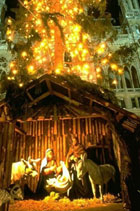 Nativity display with crib outside a church