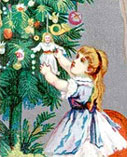 Detail from a Victorian christmas card: a girl reaches up to a doll hanging on a decorated Christmas tree