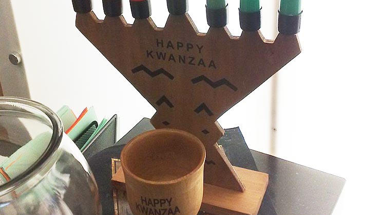 A Kwanzaa kinara with seven candles