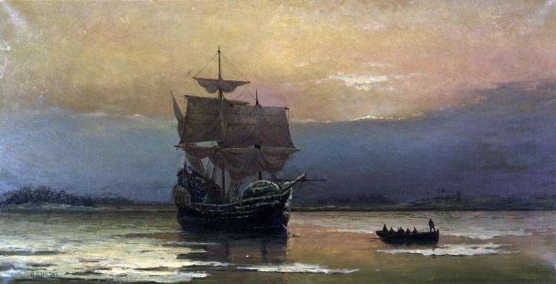 Mayflower in Plymouth Harbor par William Halsall, 1882. Pilgrim Hall Museum, Plymouth, Massachusetts
