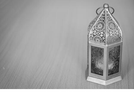 Ramadan Kareem Islamic Middle Eastern Latern with Copy Space in black and white. - Stock Image