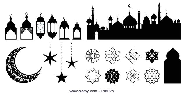 Islamic ornaments, symbols and icons. Vector illustration with moon, lanterns, patterns and city silhouette - Stock Image
