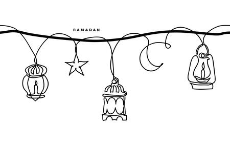 Ramadan simple black and white seamless vector border. Lantern, half moon, star garland. Ramadan minimal one continuous line drawing border - Stock Image