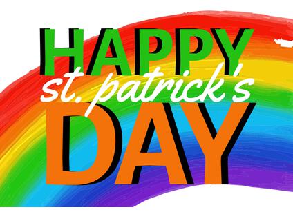 Happy saint patrick's day over rainbow on white background - Stock Image