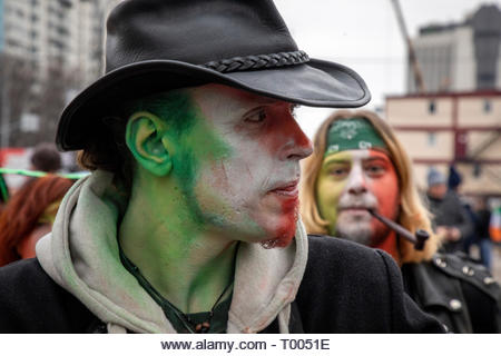 Moscow, Russia. 16th Mar 2021. People take part in a parade marking Saint Patrick's Day in Sokolniki Park in Moscow, Russia Credit: Nikolay Vinokurov/Alamy Live News - Stock Image