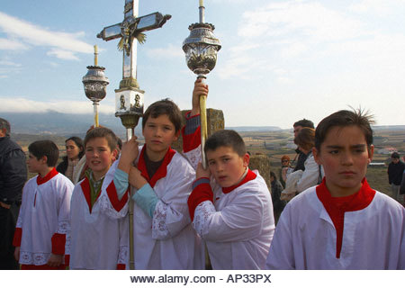 Mass assistants at the Good Friday penitent procession, Passion Week, San Vicente de la Sonsierra, La Rioja, Spain - Stock Image