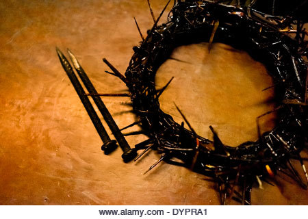 A crown of thorns is seen on the table at the end of the Good Friday procession during the Holy week in Lima, Peru. - Stock Image