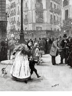 Social life at Easter in Cuatro Calles, Plaza de Canalejas de Madrid in the nineteenth century by Narciso Méndez Bringa (Madrid 1868 -1933) was a Spanish illustrator, draftsman and painter. Spain, Europe. From La Ilustracion Española y Americana 1895 - Stock Image