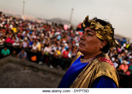 A Peruvian actor performs as Roman citizen in the Good Friday procession during the Holy week in Lima, Peru. - Stock Image