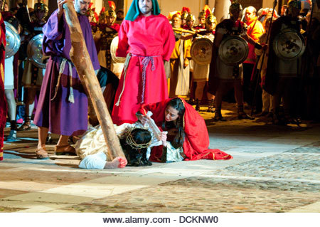 Veronica wiping Jesus's face. Holy Week, Passion of Chinchon, Chinchon, Madrid province, Spain. - Stock Image