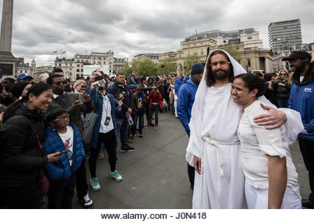 London, UK. 14th April, 2021. James Burke-Dunsmore as Jesus with audience members after the open-air performance - Stock Image