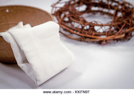 Lenten Symbols from the Easter Passion Story. Bowl and Towel and Crown of Thorns. Holy Week Passion of Christ - Stock Image