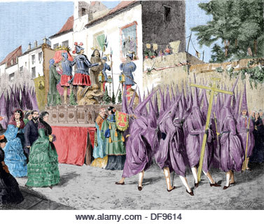 Spain. Andalusia. Holly Week in Seville. Procession of passos. Palm Sunday. Engraving. Color. - Stock Image