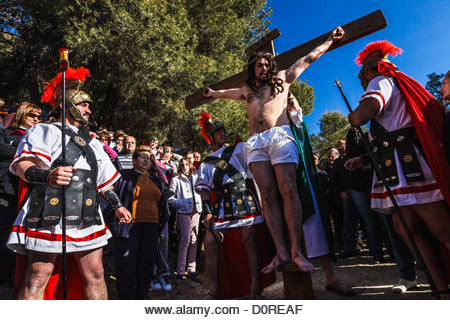 Living Via Crucis, re-enacting the Stations of the Cross during Easter-Semana Santa, at Laujar de Andarax, Almeria, - Stock Image
