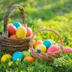Easter baskets filled with colorful eggs.