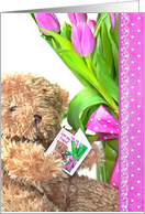 Mother‡s Day for Friend, teddy bear and pink tulip bouquet card