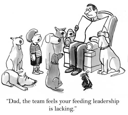 Cartoon: dad in easy chair surrounded by son and 7 dogs. The boy says, 