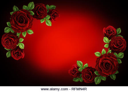 Roses Art Design . Frame made roses, green leaves Valentine's background with roses. Valentines day card concept. - Stock Image