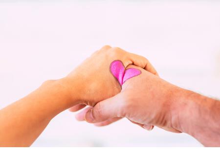 Valentine's day heart concept designed on couple aged hands - white studio background and love forever pict - Stock Image