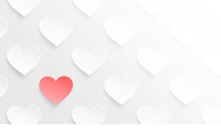 White hearts and one red heart on a light gray background. Symbol of love and Valentine's Day. Concept of standing out from the crowd, one of a kind. - Stock Image