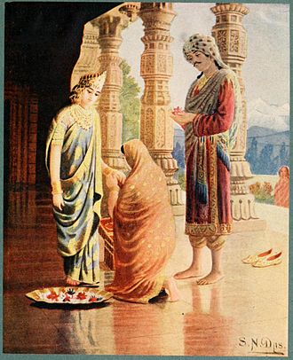 In Hinduism, Sati is considered as an ideal lady. The painting depicts her receiving gifts before her wedding from Kubera and his wife. Kubera and his wife presenting gifts to sat.jpg