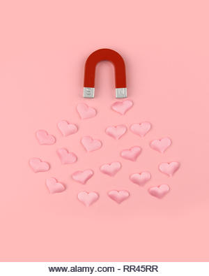 Red magnet and pink textile hearts on pink background. Valentines day texture and love concept - Stock Image