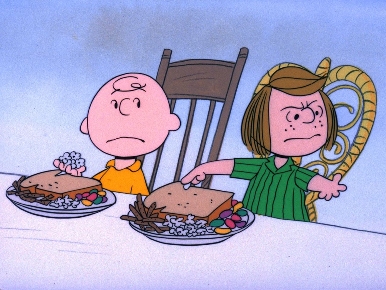 CHARLIE BROWN WORRIES AS PEPPERMINT PATTY COMPLAINS ABOUT THE MEAL