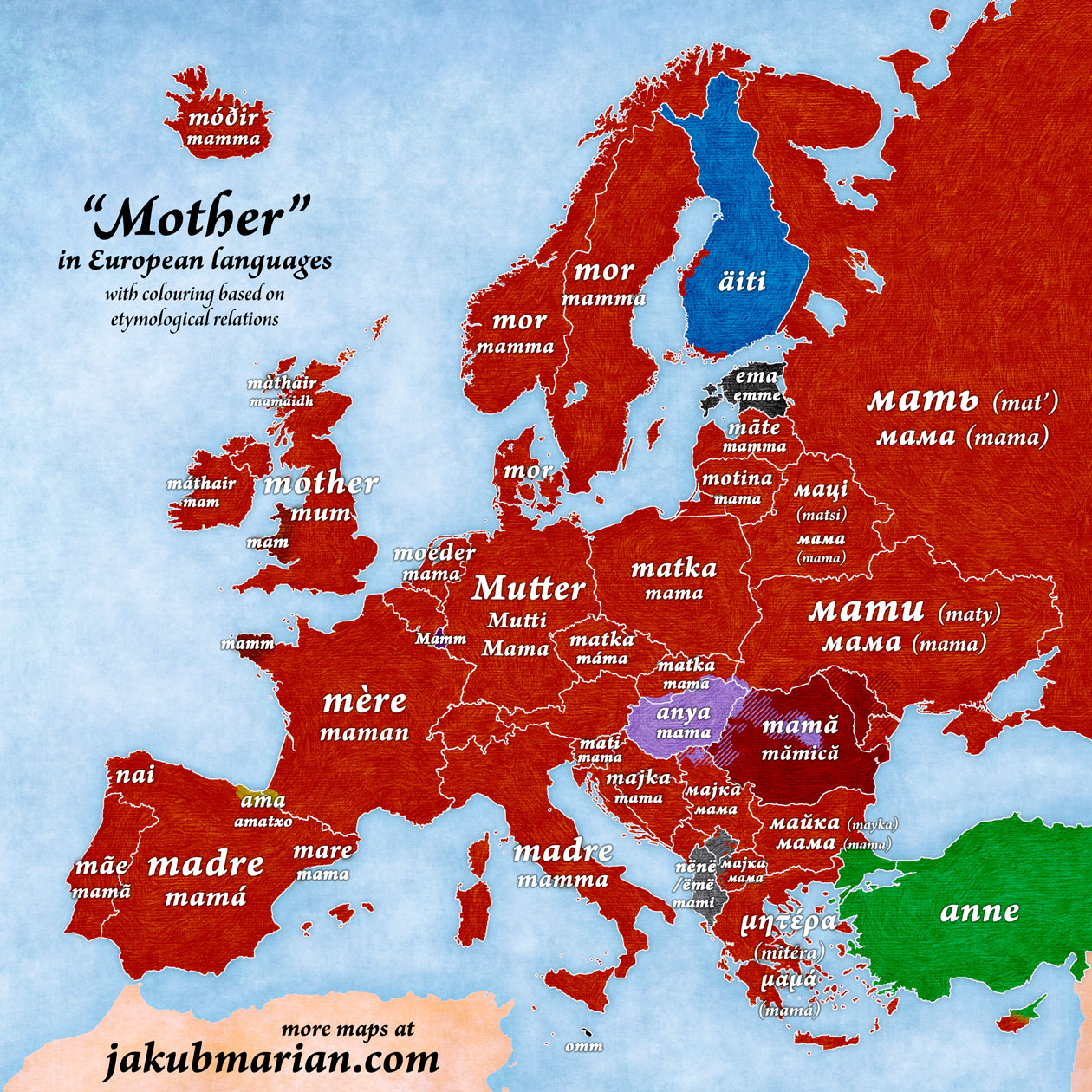 ‘Mother’ in European languages (map)